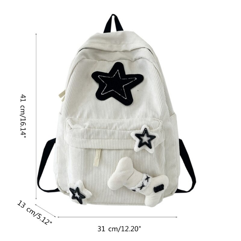 2023 Double Strap Shoulder Bag Book Bag for Girl Corduroy Backpack Lightweight School Bag Rucksack with Star Pattern