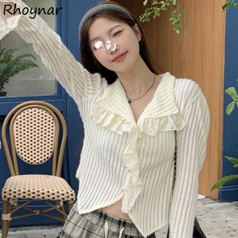 Solid Striped Shirt Women Single Breasted Long Flare Sleeve V-neck Lace Decoration Loose Slim Sweet Korean Style Ruffles Design