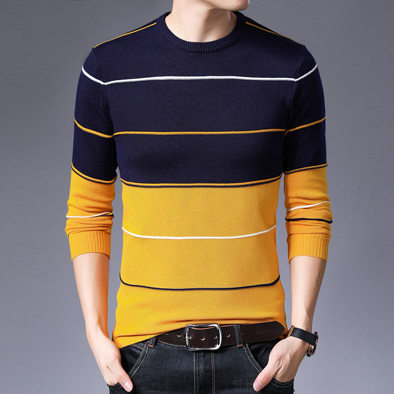 Pulôver listrado justo masculino, macacão de lã de malha, estilo coreano, roupa casual, marca da moda, outono, 2023