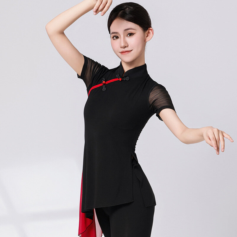 성인 여성 동양 댄스 상의, 여성 라틴 클래식 치파오 넥라인 블랙 셔츠, 중국 치파오 현대 무용복, 2023 신상