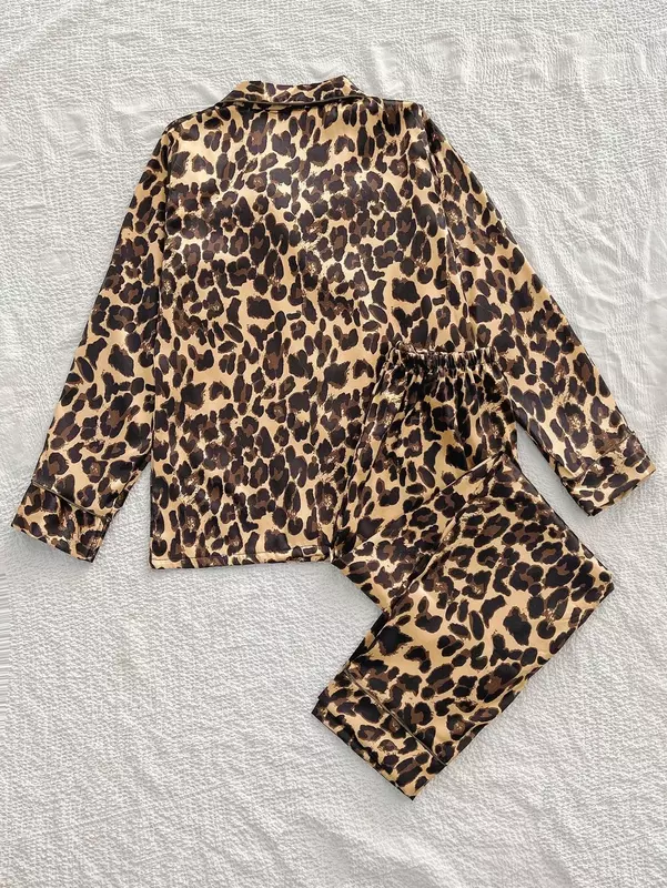 Damen Pyjama Set 2 Stück Leoparden muster Pyjama Kunstseide Satin Nachtwäsche Frühling Sommer Langarm Pijama Mujer Pjs Homewear
