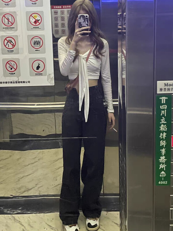 Женский короткий блузка, Простой чистый тонкий сексуальный трикотажный топ для девушек, модная уличная одежда в Корейском стиле с длинными рукавами для отдыха