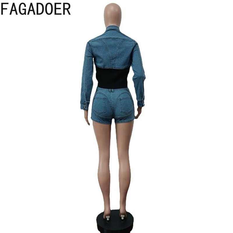 Модные джинсовые комбинированные шорты FAGADOER, комплект из двух предметов, женский короткий топ с отложным воротником на пуговицах и длинным рукавом и шорты, женский