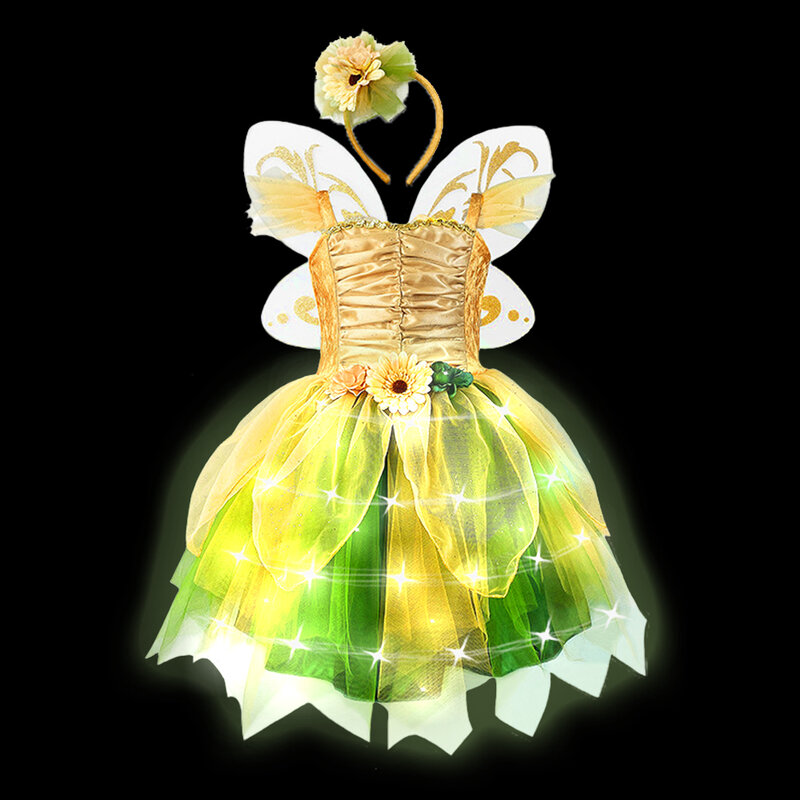 Vestido de princesa luminoso LED para meninas, fantasia de sininho, fada extravagante, vestido de elfo tutu, asa borboleta, festa de aniversário, 2024