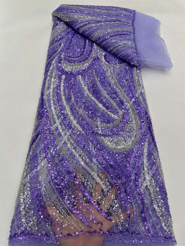 Telas de encaje de secuencia lujosa, tela de encaje de malla bordada de Nigeria, 5 yardas, tela de encaje de boda africana con cuentas 3D, púrpura, 2024