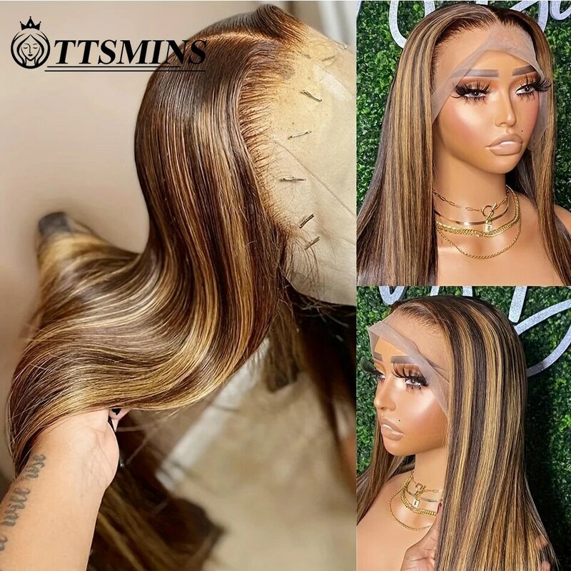 34Inch Bone Straight Highlight Lace Front Human Hair 4/27 Ombre 13x4 Lace Frontal Wigs With Baby Hair Honey Blonde Colored Wigs
