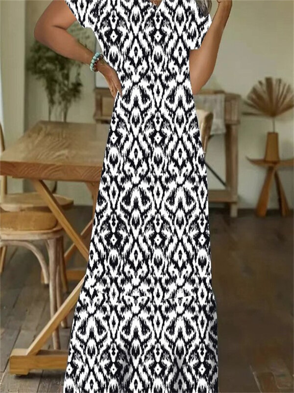 Женское летнее платье макси с V-образным вырезом, модная повседневная одежда 2024, пляжные праздничные платья с геометрическим принтом, винтажные платья, одежда
