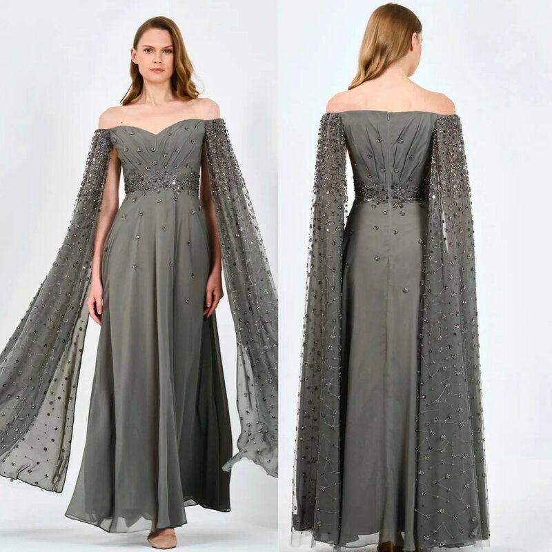 Evening Prom Dress Saudi Arabia Chiffon Draped Pleat Beading Cocktail Party A-line Off-the-shoulder Bespoke Occasion Gown