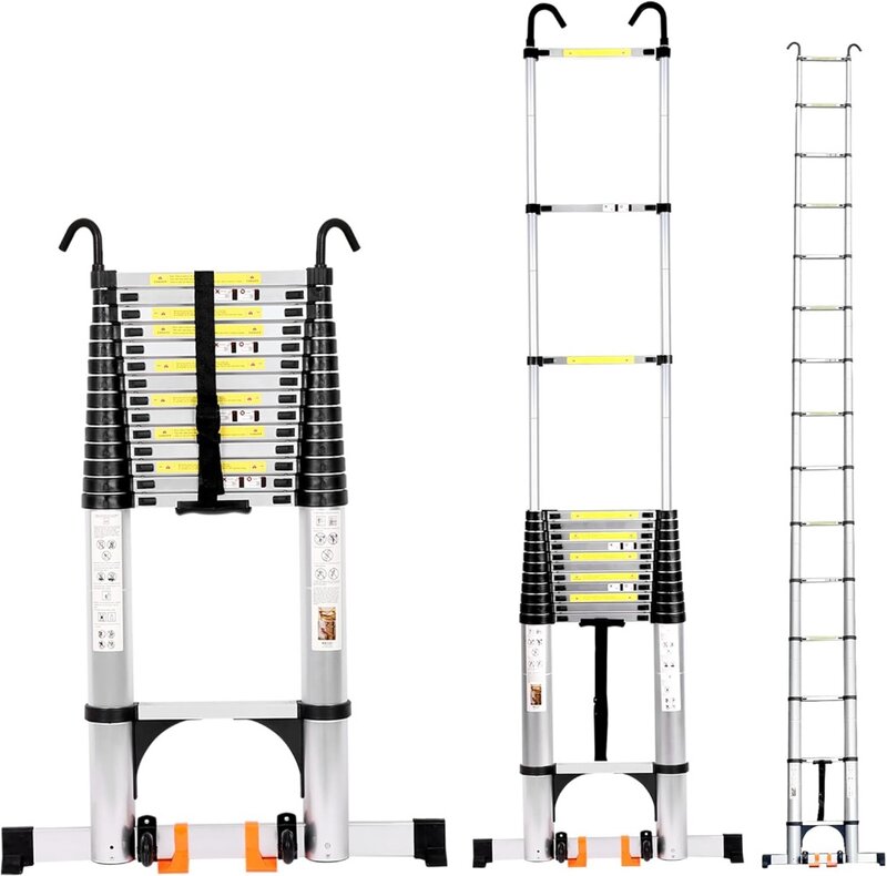 19ft Telescopische Ladder, Aluminium Inklapbare Ladder W/Driehoek Stabilisatoren & Afneembare Haken, Lichtgewicht Compacte Telescopische