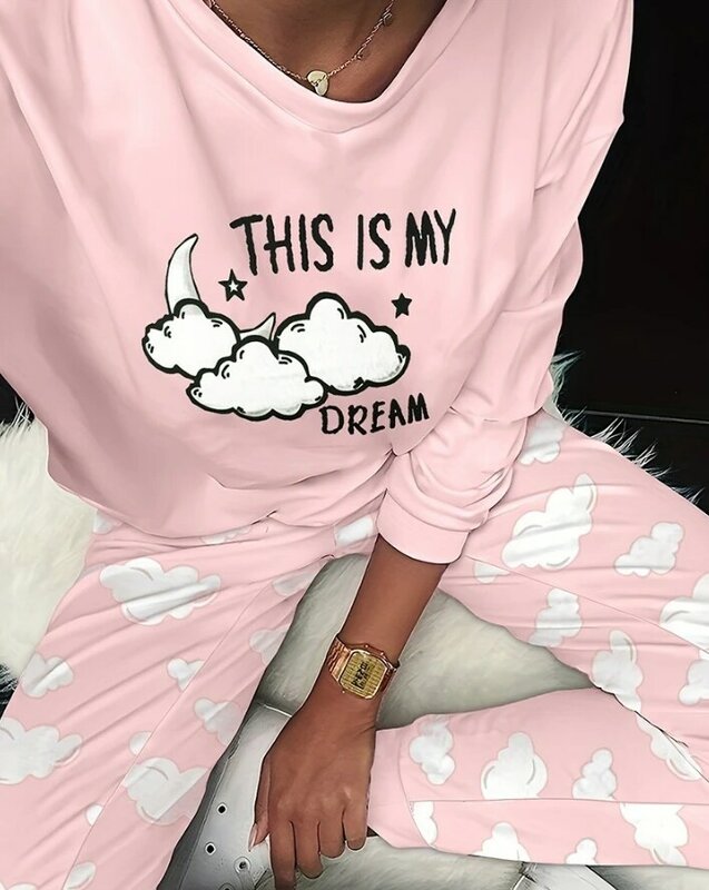 Комплект пижамный женский из 2 предметов, топ с круглым вырезом и длинными рукавами, повседневные штаны для дома, модный пижамный комплект с графическим принтом, на весну