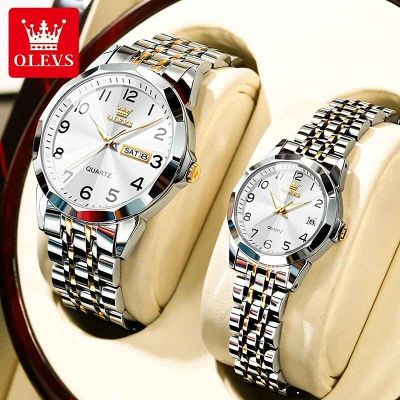 OLEVS 9970 New Luxury Quartz Couple Watches For Men Women Number Dial Rhombus Mirror Hand Clock Stainless Steel Original Watches