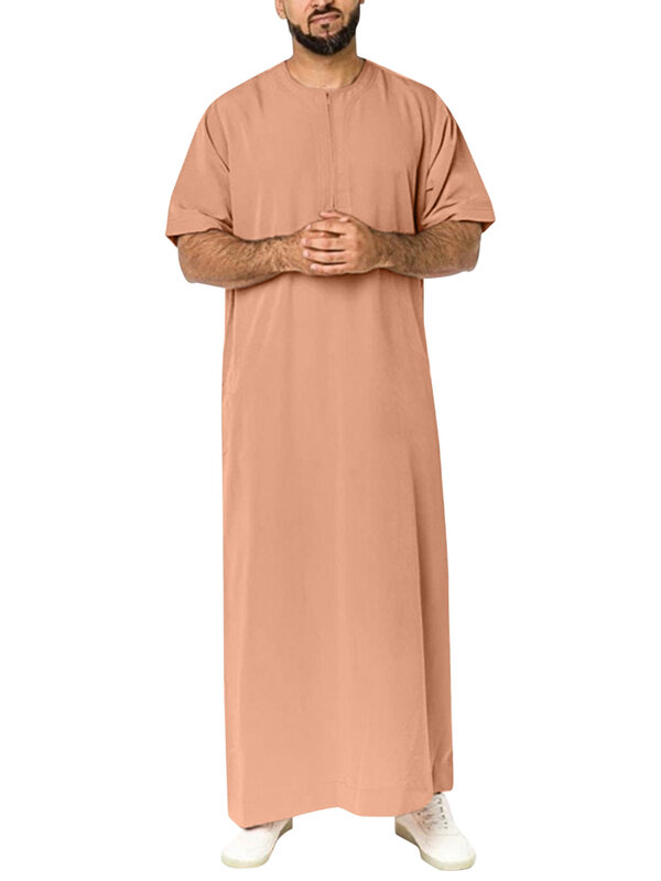 Męskie jednokolorowe szaty saudyjski suwak mężczyzna Vintage z krótkim rękawem z dekoltem Eid muzułmański arabski islamska odzież Jalabiya Kaftan Kaftan