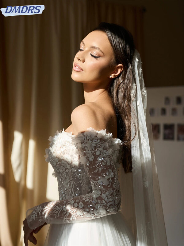 Luxurious Beaded Wedding Dress 2024 Graceful Appliquéd Bride Gown Elegant Off-The-Shoulder Floor-Length Bride Robe Vestidos De