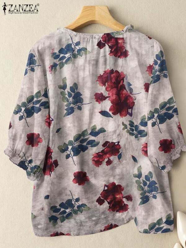 ZANZEA-camisa con estampado Floral Vintage para mujer, con cuello redondo 2024 Blusa de manga, informal, 3/4