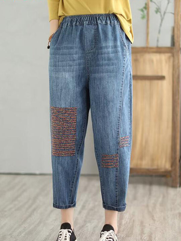 Fashion New Woman Summer Vintage Loose Denim Colorful Embroidery Ankle-length Casual Harem Pants Elastic Waist Baggy Jeans