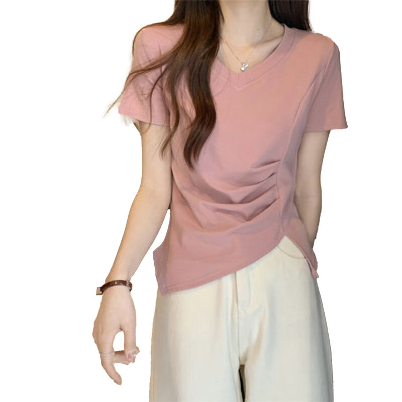 T-Shirt Womens Top Tops V-neck Versatile White All Seasons Casual Female Pleated Hem Short-sleeved Comfortable
