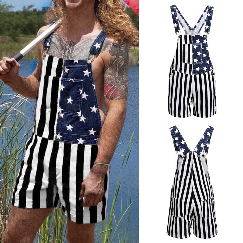 Unisex American Independence Day Pants Romper Summer American Flag Print Denim Overalls Suspender Shorts for Men Women