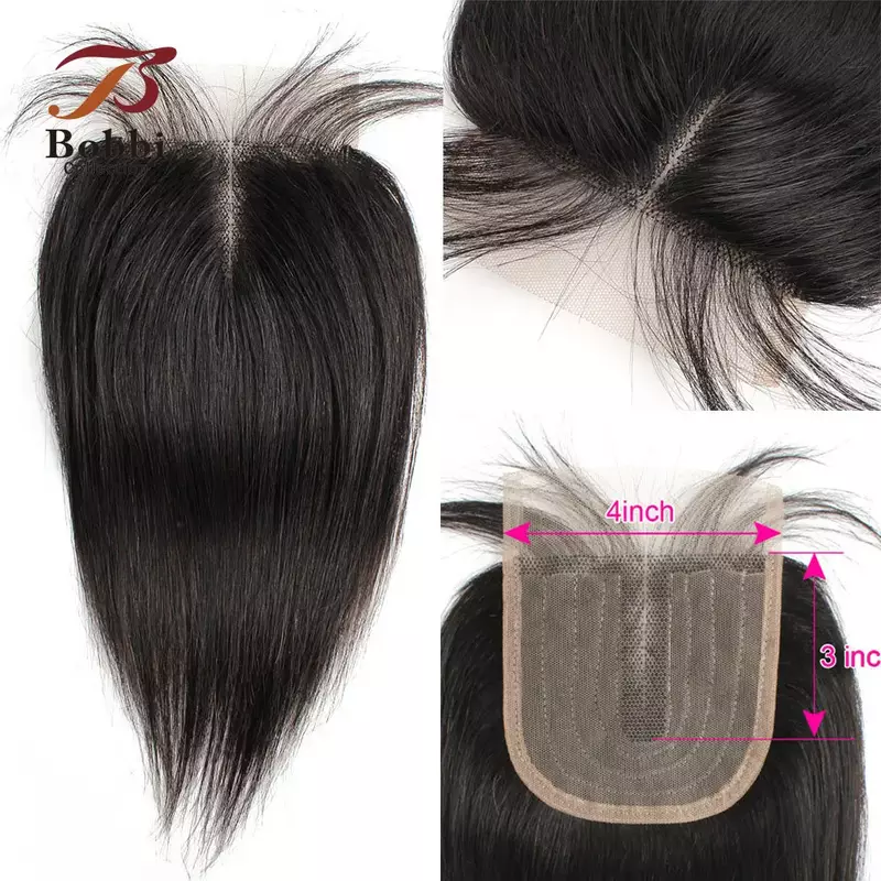 BOBBI-Extensão de cabelo humano reta com fechamento médio, cabelo remy, 3 pacotes, 4x1 T, laço transparente, preto, 60g por pc