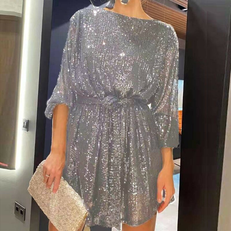 Temperamento elegante vestido de lantejoulas sexy para mulheres, festa, coquetel, vestido de noite, nova moda, 2024