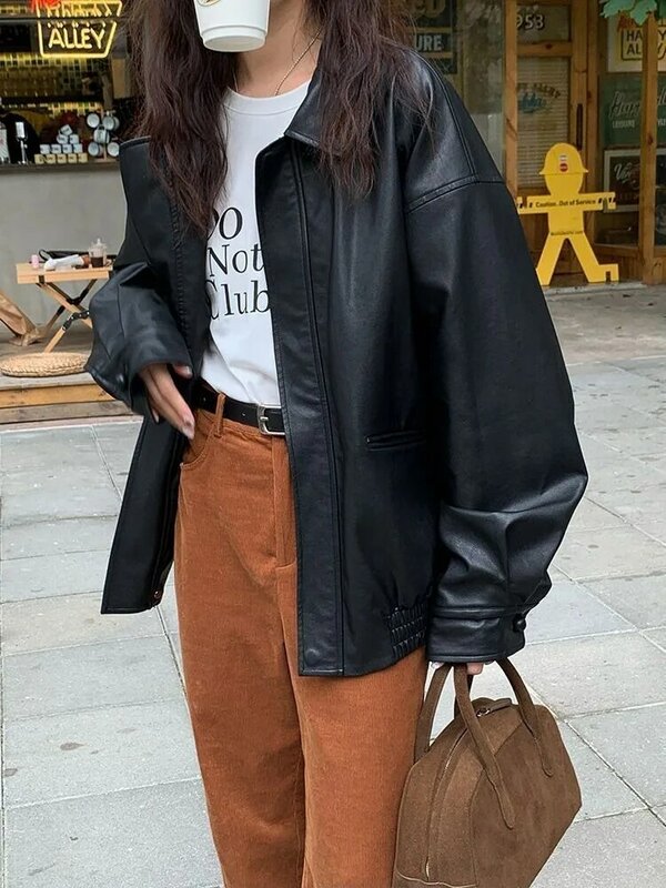Frauen Vintage Pu Jacke Frauen High Street Techwear Overs ize Kunstleder Mantel Moto Jacke Punk lässig kurz geschnittene Oberbekleidung