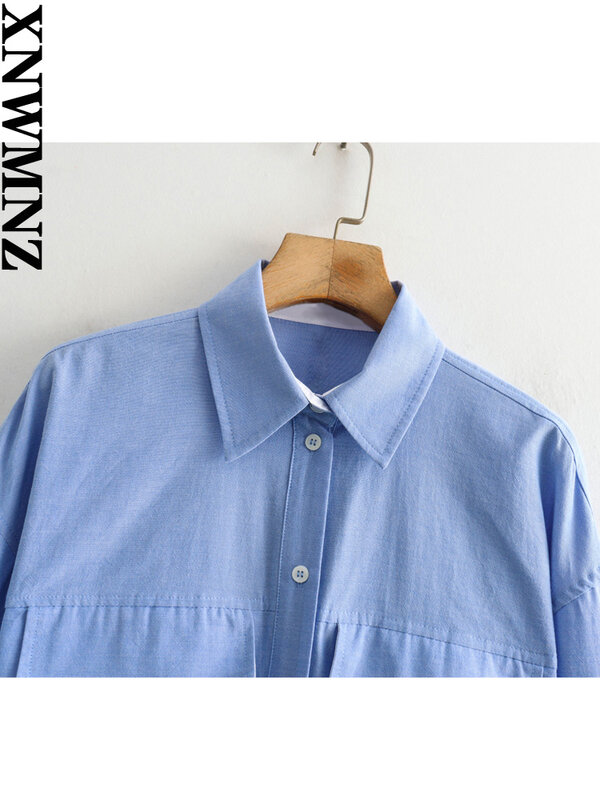 XNWMNZ-camisa corta Oxford para mujer, elegante camisa de manga larga con bolsillo y solapa, moda urbana, 2024