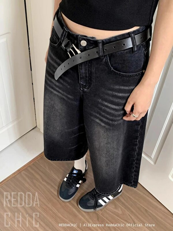 جينز أسود فضفاض REDDACHiC-Retro للرجال والنساء ، خصر منخفض ، بنطلون عريض ، شورت جينز متمزق ، ملابس غير رسمية ، حجم كبير ، شعيرات ، Y2K