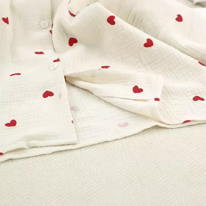 Pijama de algodão com estampa de coração para mulheres, manga comprida, calça de bolso, pijama interior, roupas femininas casuais, conjuntos 2 peças