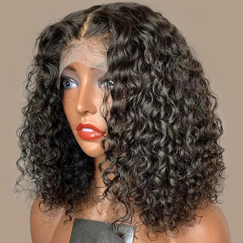 Perruque Bob Lace Front Wig Naturelle Bouclée, Cheveux Humains, Deep Wave, 13x4, Transparent HD, pour Femme