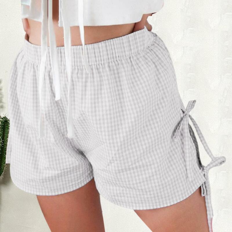 Women Loose Shorts Casual Solid Color Shorts for Women Plaid Print Women's Summer Shorts with High Elastic Waist Lace-up Bow