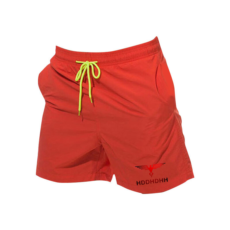 Hddhhh celana pendek kasual musim panas motif merek celana olahraga kebugaran celana pantai serut elastis pinggang tinggi pria