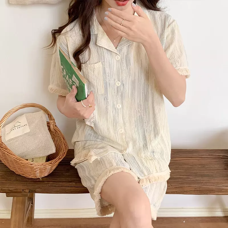 Korean Pajama Mujer Rabbit Floral Print Cotton Yarn Sleepwear Set Short Sleeve Top+Shorts Homewear Skin-Friendly Breathable