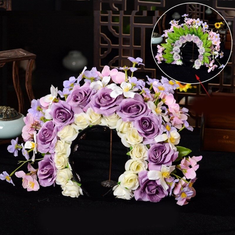 Capacete coroa flores com faixa lado para adereços fotográficos femininos noiva
