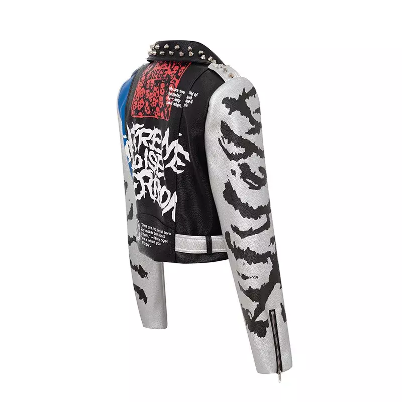 Streetwear Punk Studded Short Leather Jacket for Women 2024 New Slim Zipper Graffiti Print Faux Leather Motorcycle Jackets