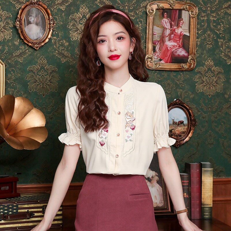 Chiffon Embroidery Women's Shirt Summer Flower Chinese Style Blouses Loose Short Sleeve Women Tops Fashion Clothing YCMYUNYAN