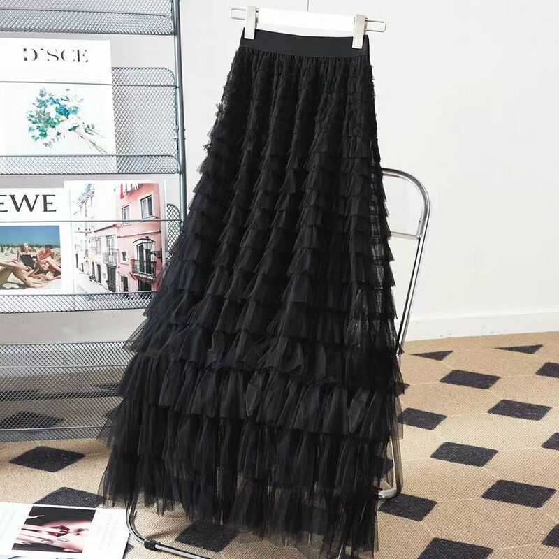 Women Casual Tulle Skirts One Size Mid-Long Length Tutu Fairy Tiered Skirt A Line Mesh Elastic Natural Waist Skirts Dating Gifts