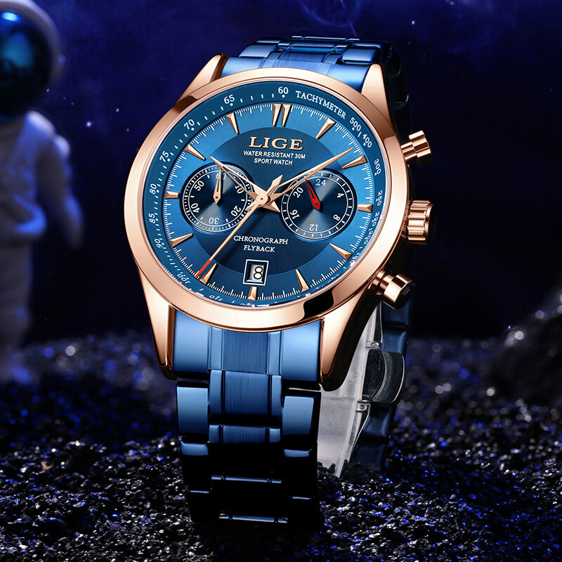 นาฬิกาข้อมือธุรกิจหรูหรา Lige สแตนเลสนาฬิกาข้อมือสำหรับผู้ชายควอตซ์กันน้ำวันที่เรืองแสงนาฬิกาผู้ชายขนาดใหญ่นาฬิกา + กล่อง