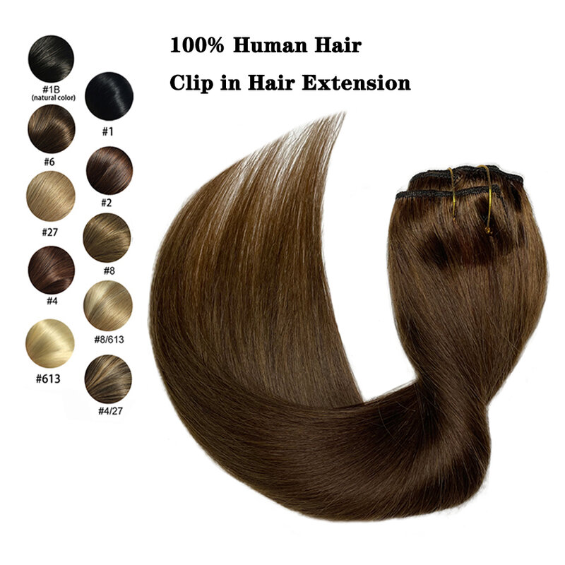Extensions de cheveux brésiliens Remy lisses à clip, cheveux humains, tête complète, document naturel #4, 120g, pour femmes noires