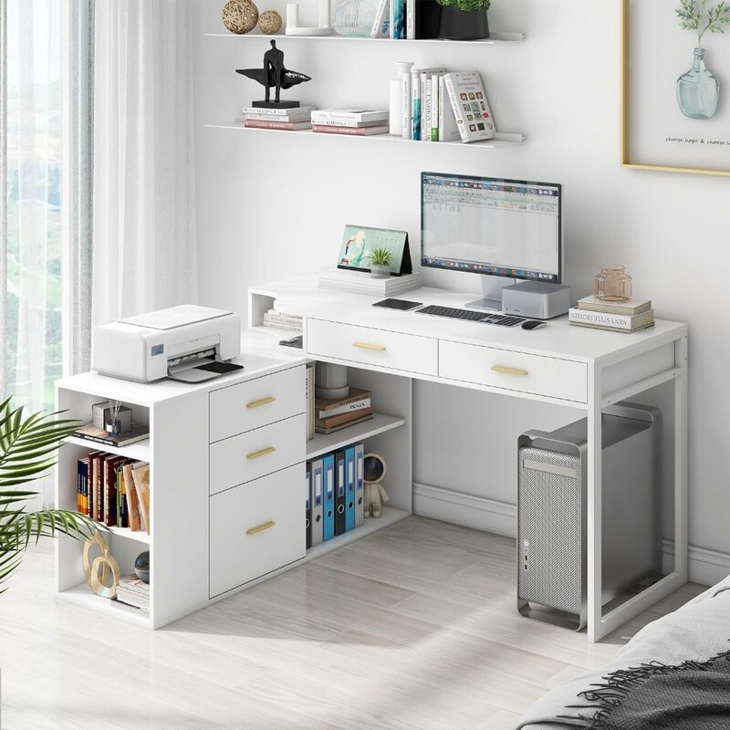 Meja berbentuk L 55 inci dengan kabinet penyimpanan, meja komputer untuk penggunaan rumah kantor, meja kantor dengan 5 laci
