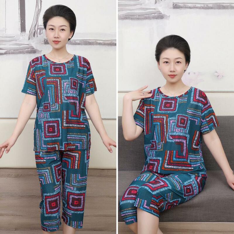 Women Pajama Top Ethnic Style Women's T-shirt Pants Set with Printed Top Cropped Trousers for Sport Outfit 2 Pcs/set Geometric