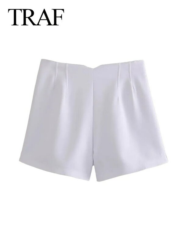 TRAF 2024 Woman's Fashion Summer Chic Shorts White High Waist Pocket Button Decorate Zipper Female High Street Short Pants