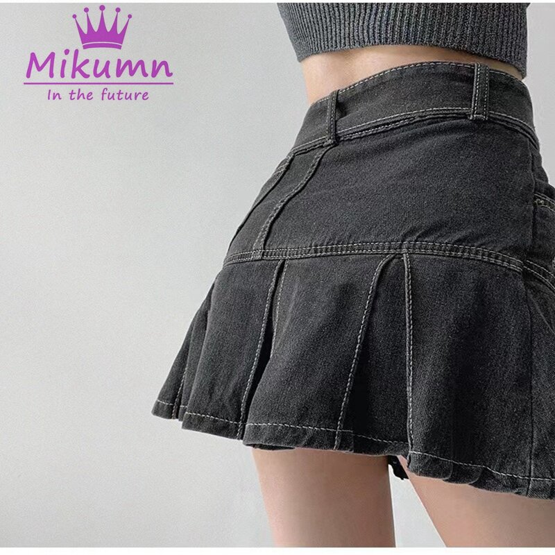 Милая джинсовая юбка в стиле Харадзюку Y2k Kawaii для девушек, Женская плиссированная юбка в студенческом стиле, джинсовая Повседневная мини-юбка А-силуэта с высокой талией, короткие юбки