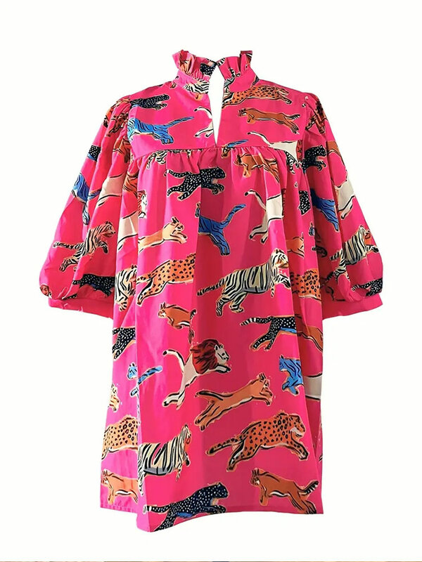 Elegant Puff Sleeve Paneled Animal Print Ruffle Top Animals Ruffle Trim Blouse, Casual Lantern Sleeve Notched Neck Shirts