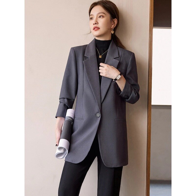 Casaco de blazer cinza solto feminino, terno reto, manga comprida, botão único, jaqueta formal para senhoras do escritório, roupa de trabalho, feminina