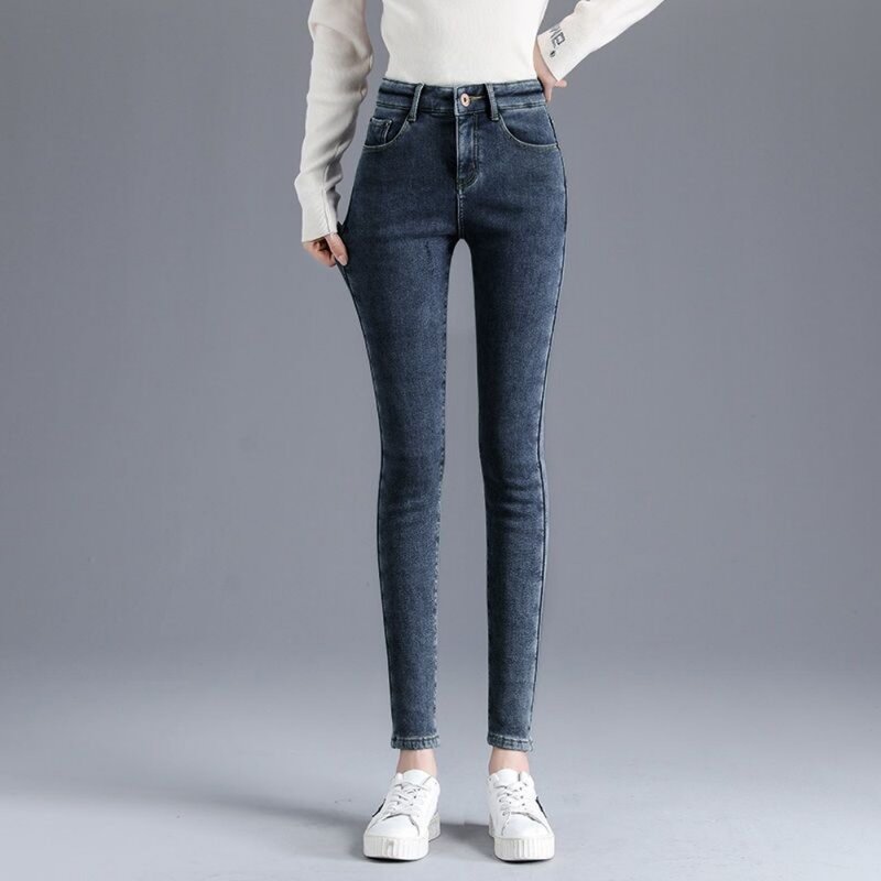 Celana Jeans kurus wanita, celana pensil Denim kasual beludru tebal pinggang tinggi Slim Fit ramping hangat bulu domba sederhana untuk musim dingin