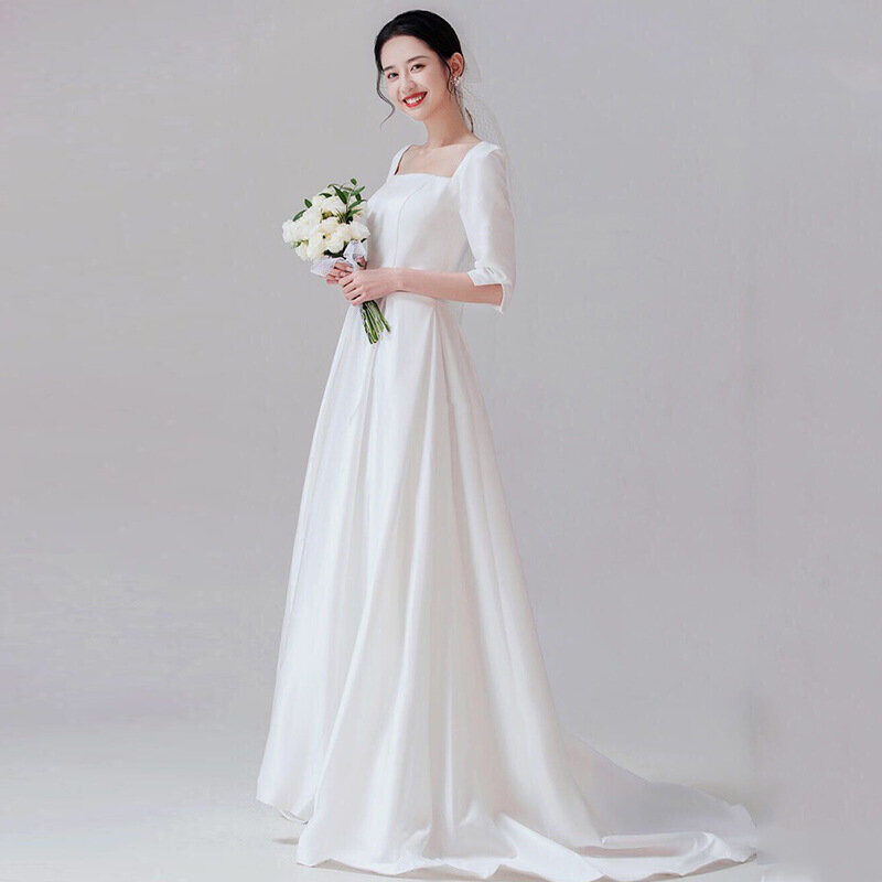 Vestido de novia de manga corta para mujer, prenda sencilla y dulce, cómoda, de satén, estilo coreano, con tren pequeño y cordones, personalizado