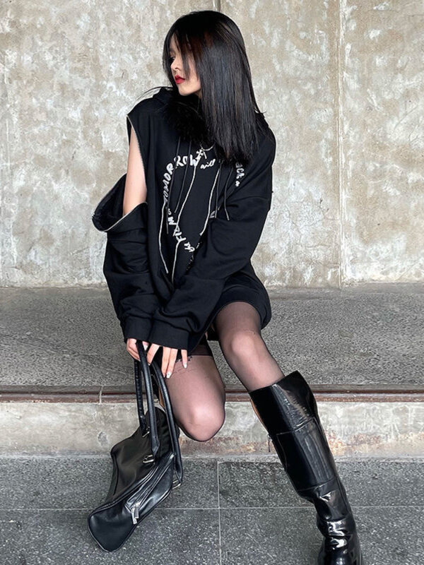 Deeptown Gothic Punk Streetwear หัวใจพิมพ์ขนาดใหญ่ Hooded Sweatshirt ผู้หญิง Grunge ซิป Hoodie หญิงยาวแขนยาว