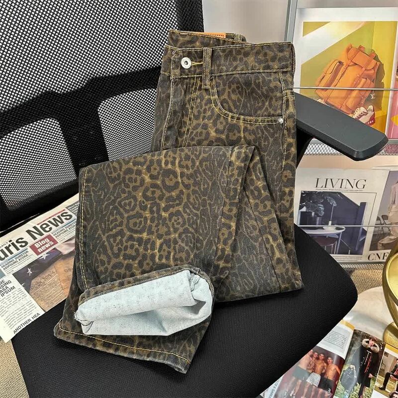 Calça estampada leopardo masculina, calça americana Y2K retrô de rua alta, marca da moda, jeans casual, pesada, nova, 2021