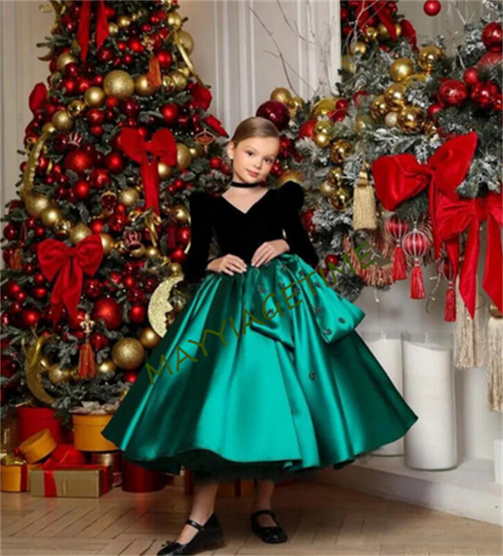 V-neck cetim vestidos para meninas, mangas compridas, Flower Girl Dress, presente de Natal, veludo preto, verde