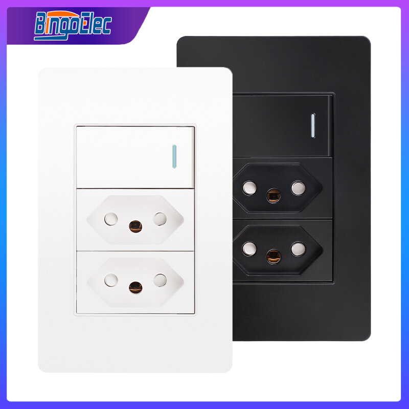 Bingoelec Wall Light Switch and Dual Power Socket Fireproof PC Panel Brazil Standard Outlet 118*72mm White Black 10A 20A