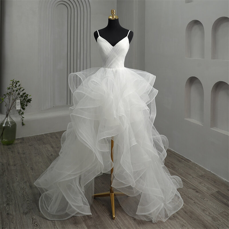 New Short Front Long Back Gothic White Wedding Dresses Spaghetti Straps Deep V Neck High-low Bridal Gowns Vestido Custom Color